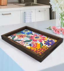 BK Gift Çiçekler Tasarımlı Doğal Ahşap Tepsi-1
