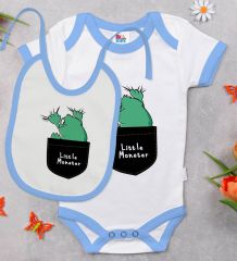 BK Kids Little Monster Tasarımlı Mavi Bebek Body Zıbın ve Mama Önlüğü Hediye Seti-1