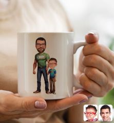 Kişiye Özel Karikatürlü Baba-Oğul Tasarımlı Beyaz Kupa Bardak-1, Babaya Hediye, Babalar Günü Hediyeleri