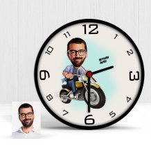 Kişiye Özel Motorcu Karikatür Ahşap Duvar Saati - 1