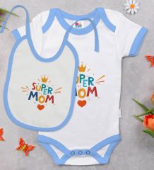 BK Kids Super Mom Tasarımlı Mavi Bebek Body Zıbın ve Mama Önlüğü Hediye Seti-1