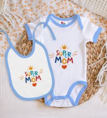 BK Kids Super Mom Tasarımlı Mavi Bebek Body Zıbın ve Mama Önlüğü Hediye Seti-1
