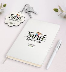 Kişiye Özel Sınıf Öğretmeni Beyaz Defter Kalem ve Anahtarlık Hediye Seti-18