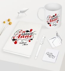 Kişiye Özel En Güzel Anne Beyaz Defter Kalem Kupa Ayna Seti
