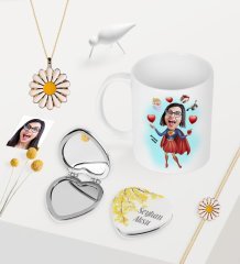Kişiye Özel Süper Anne Karikatürlü Kupa Kalp Ayna Papatya Kolye Bileklik Seti