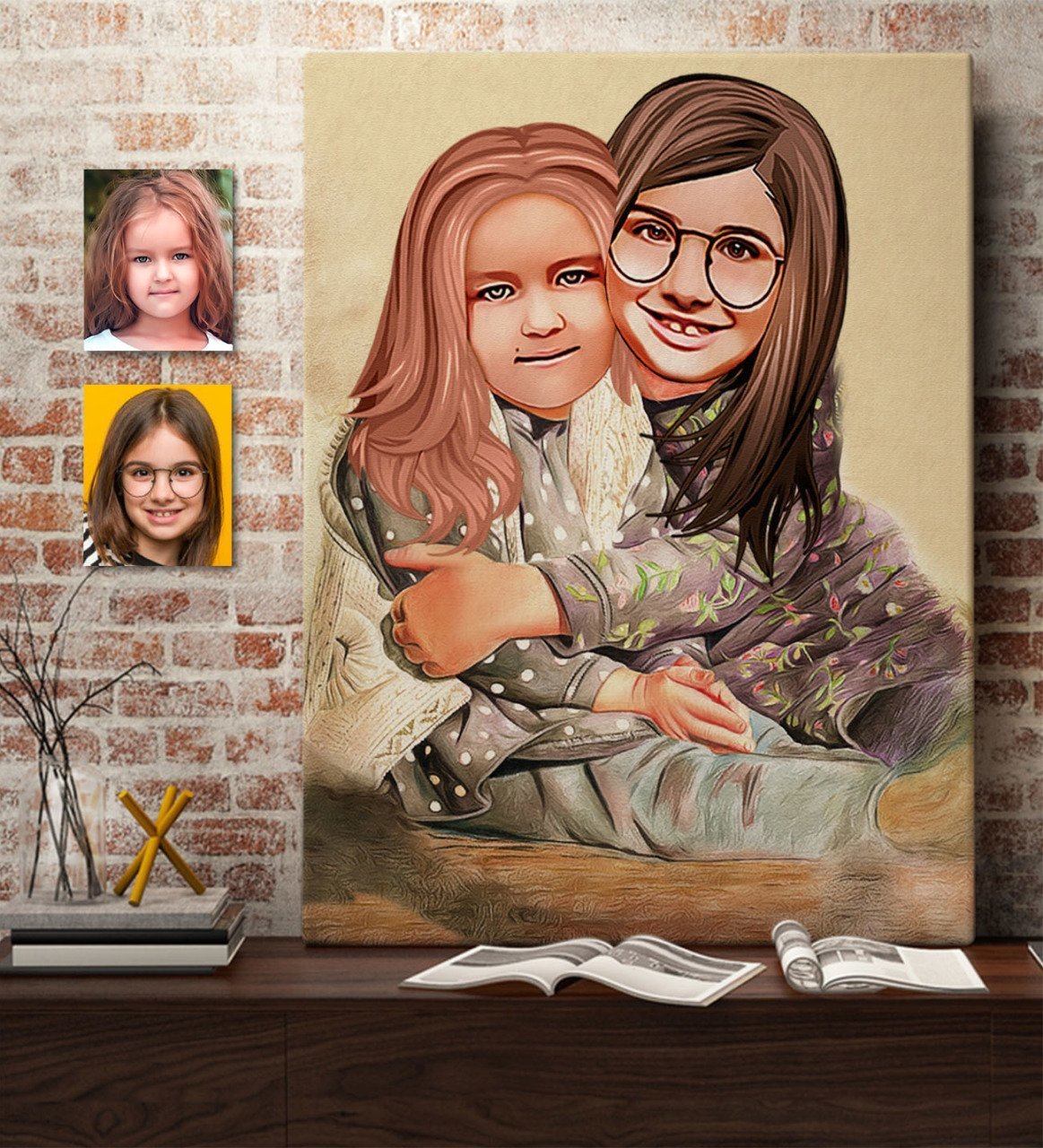 Kişiye Özel Kız Kardeşler Karikatürlü Kanvas Tablo 50x70cm-4