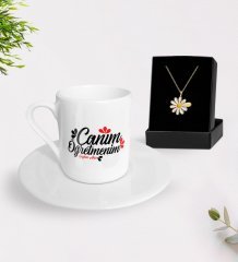 Kişiye Özel Canım Öğretmenim Türk Kahvesi Fincanı ve İsimli Papatya Kolye Hediye Seti-11