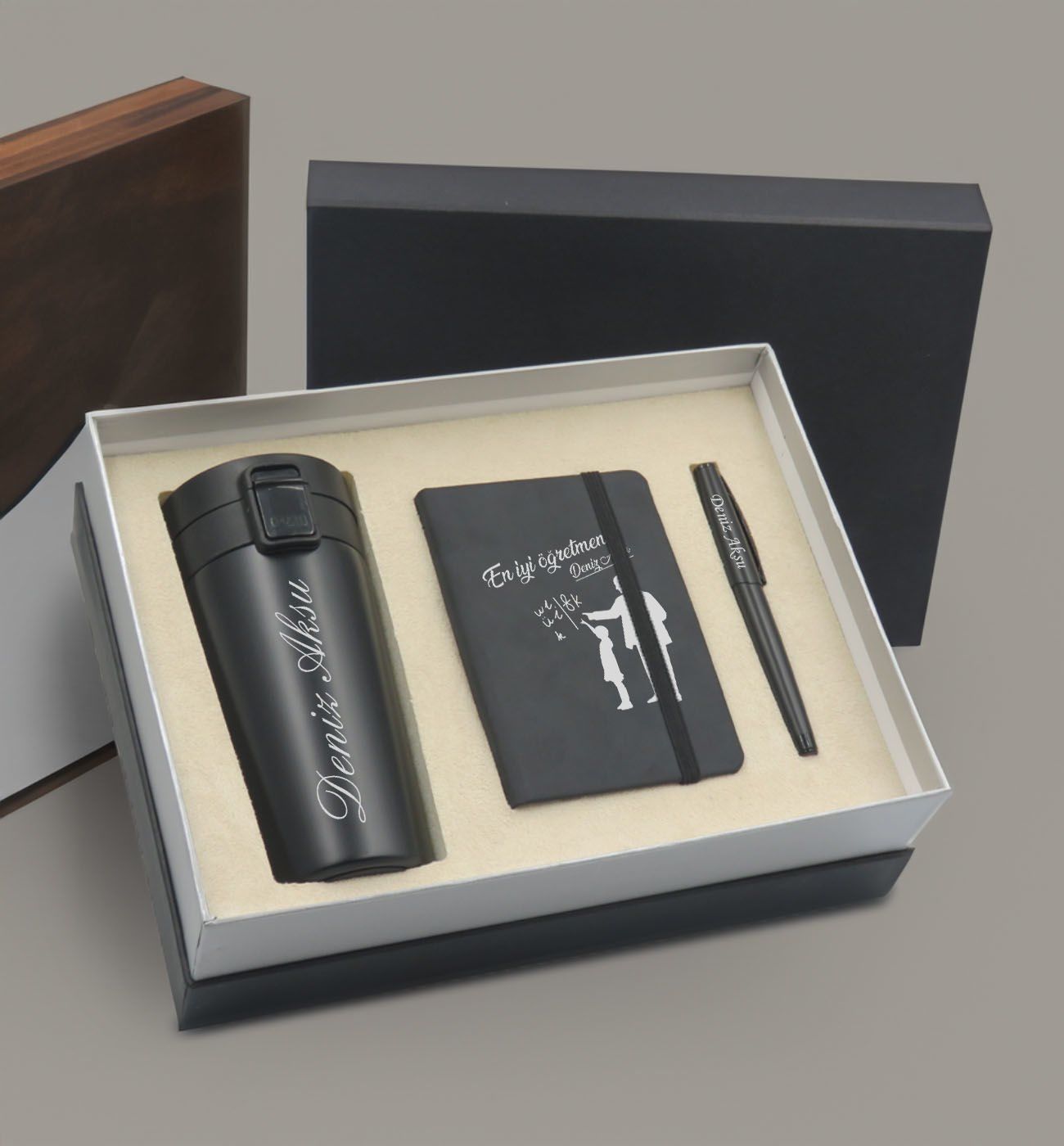 BK Gift Vip Kutuda Kişiye Özel Öğretmenler Günü Tasarımlı Defter & Metal Roller Kalem & Çelik Termos Hediye Seti- 5, Öğretmene Hediye, Öğretmenler Günü