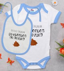 BK Kids Düzelcez İnşallah Tasarımlı Mavi Bebek Body Zıbın ve Mama Önlüğü Hediye Seti-1