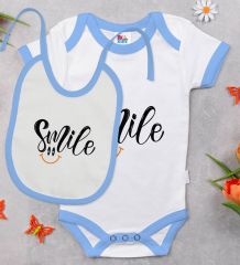 BK Kids Smile Tasarımlı Mavi Bebek Body Zıbın ve Mama Önlüğü Hediye Seti-1