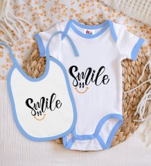 BK Kids Smile Tasarımlı Mavi Bebek Body Zıbın ve Mama Önlüğü Hediye Seti-1