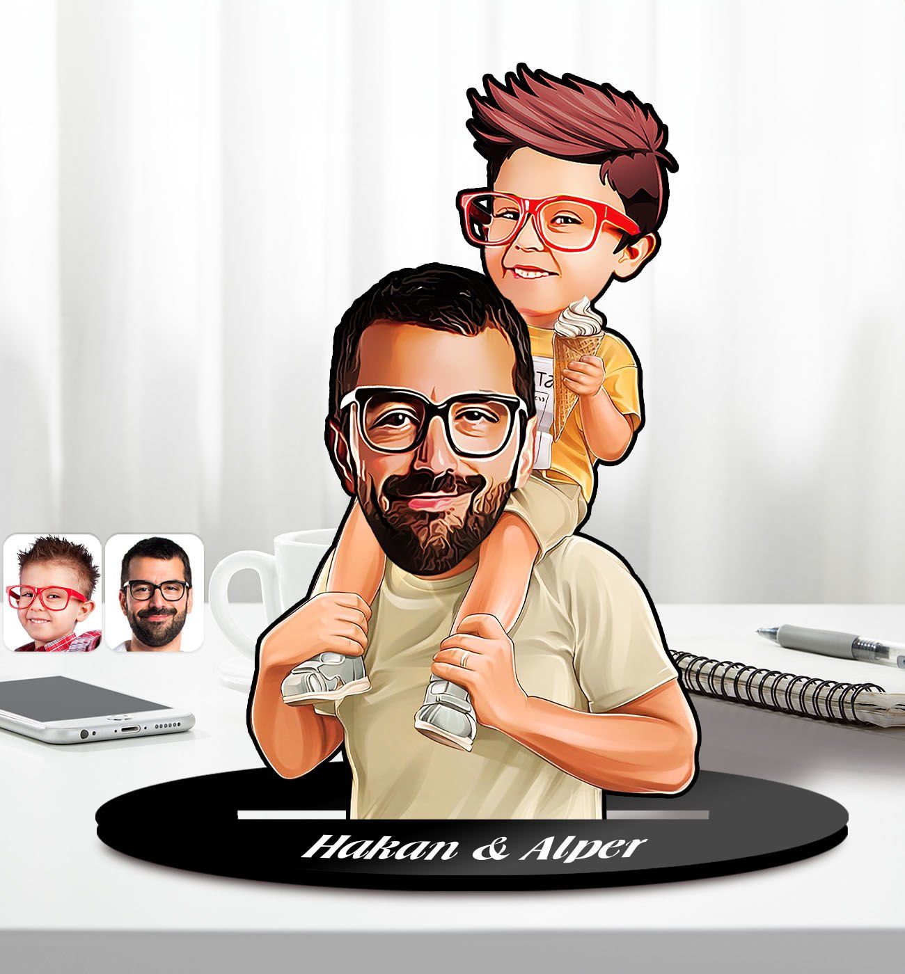Kişiye Özel Baba Oğul Karikatürlü Ahşap Biblo Model-2 Babaya Hediye, Babalar Günü Hediyeleri