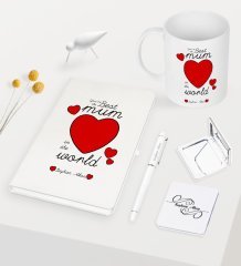 Kişiye Özel Dünyanın En İyi Annesi Beyaz Defter Kalem Kupa Ayna Seti - 12