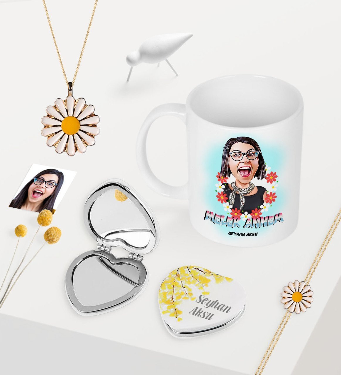 Kişiye Özel Melek Annem Karikatürlü Kupa Kalp Ayna Papatya Kolye Bileklik Seti