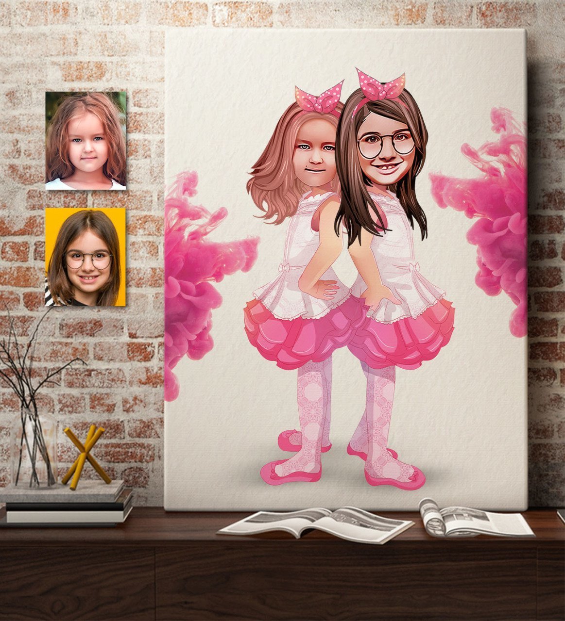 Kişiye Özel Kız Kardeşler Karikatürlü Kanvas Tablo 50x70cm-3