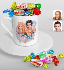 Kişiye Özel Sevgililer Karikatürlü Türk Kahvesi Fincanı ve Haribo Şeker Hediye Seti-8