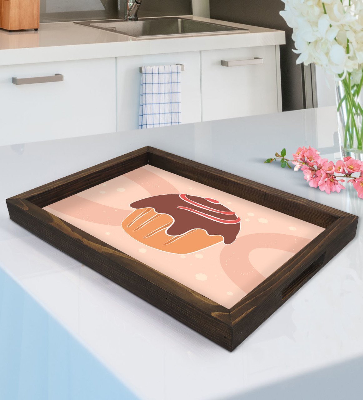 BK Gift Cupcake Tasarımlı Doğal Ahşap Tepsi-1