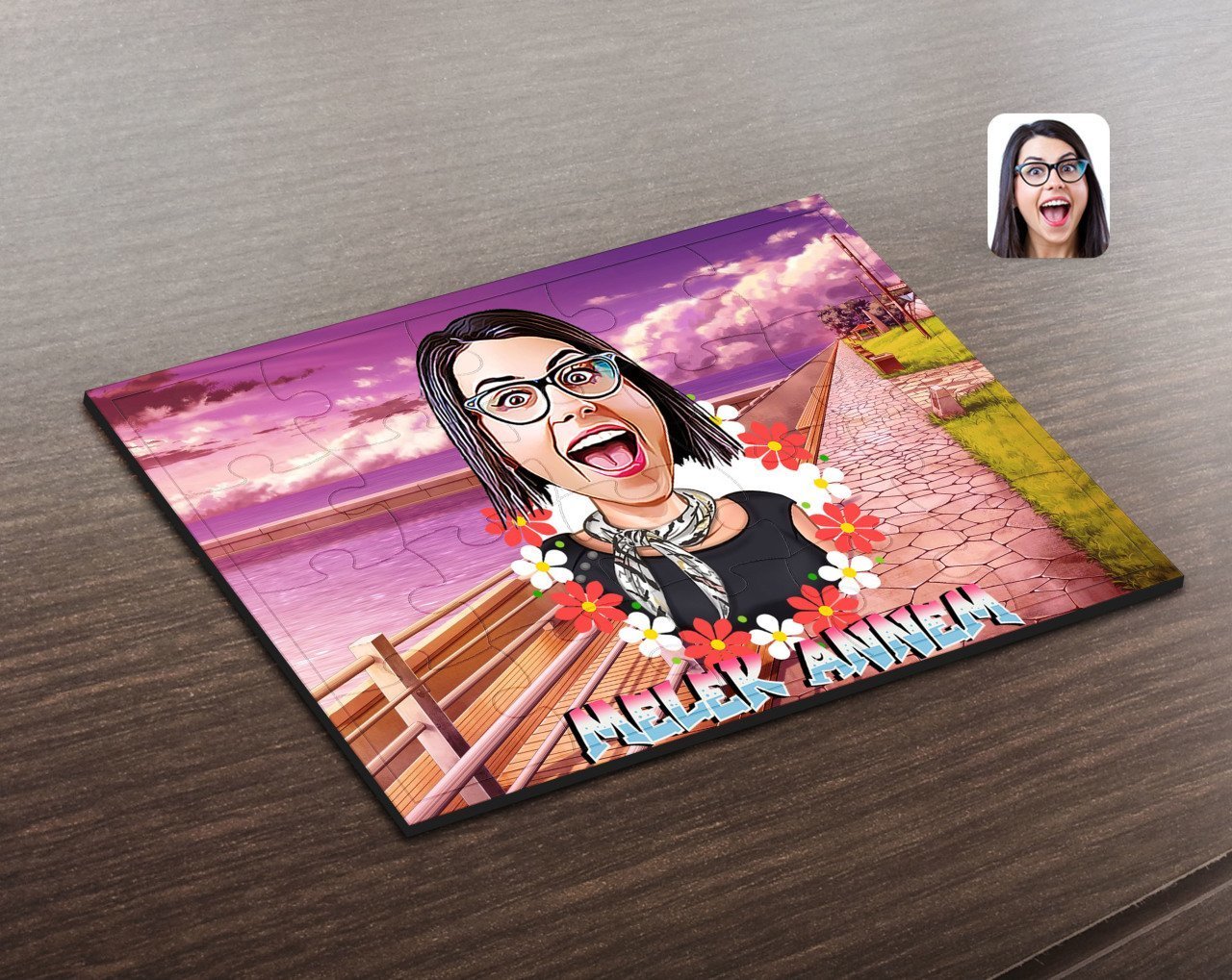Kişiye Özel Melek Annem Karikatürlü Ahşap Puzzle-1