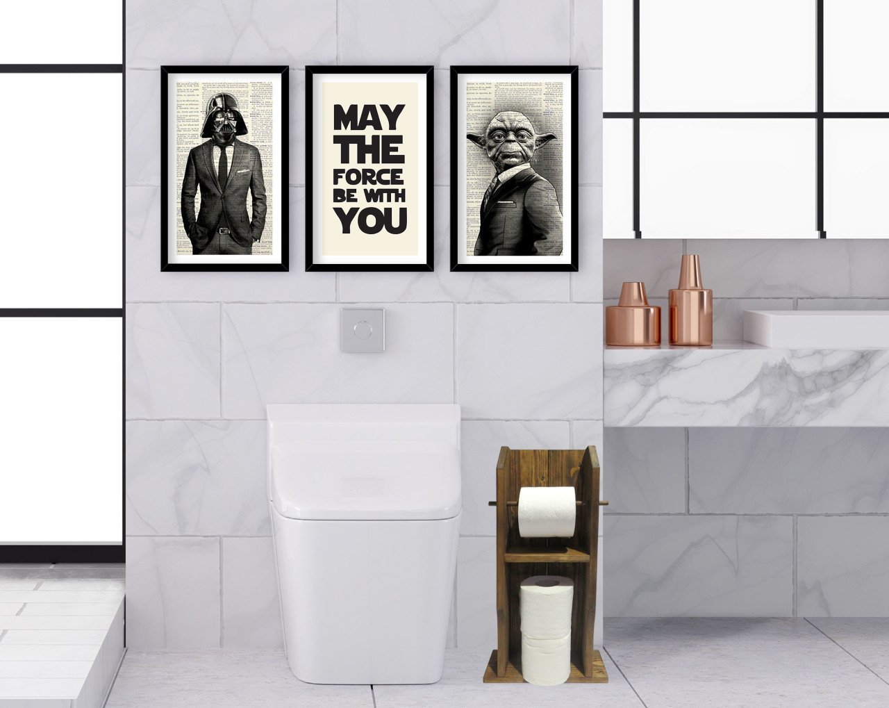 BK Home Doğal Masif Ahşap Tuvalet Kağıtlığı ve Dekoratif 3’lü Ahşap Siyah Çerçeveli Tablo-8