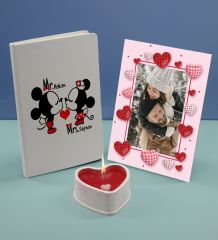 BK Gift Sevgililere Özel Beyaz Defter Dekoratif Çerçeve ve Kalp Taş Obje Kokulu Mum Hediye Seti-5, Sevgiliye Hediye, Sevgililer Günü