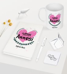 Kişiye Özel Dünyanın En İyi Annesi Beyaz Defter Kalem Kupa Ayna Seti - 11