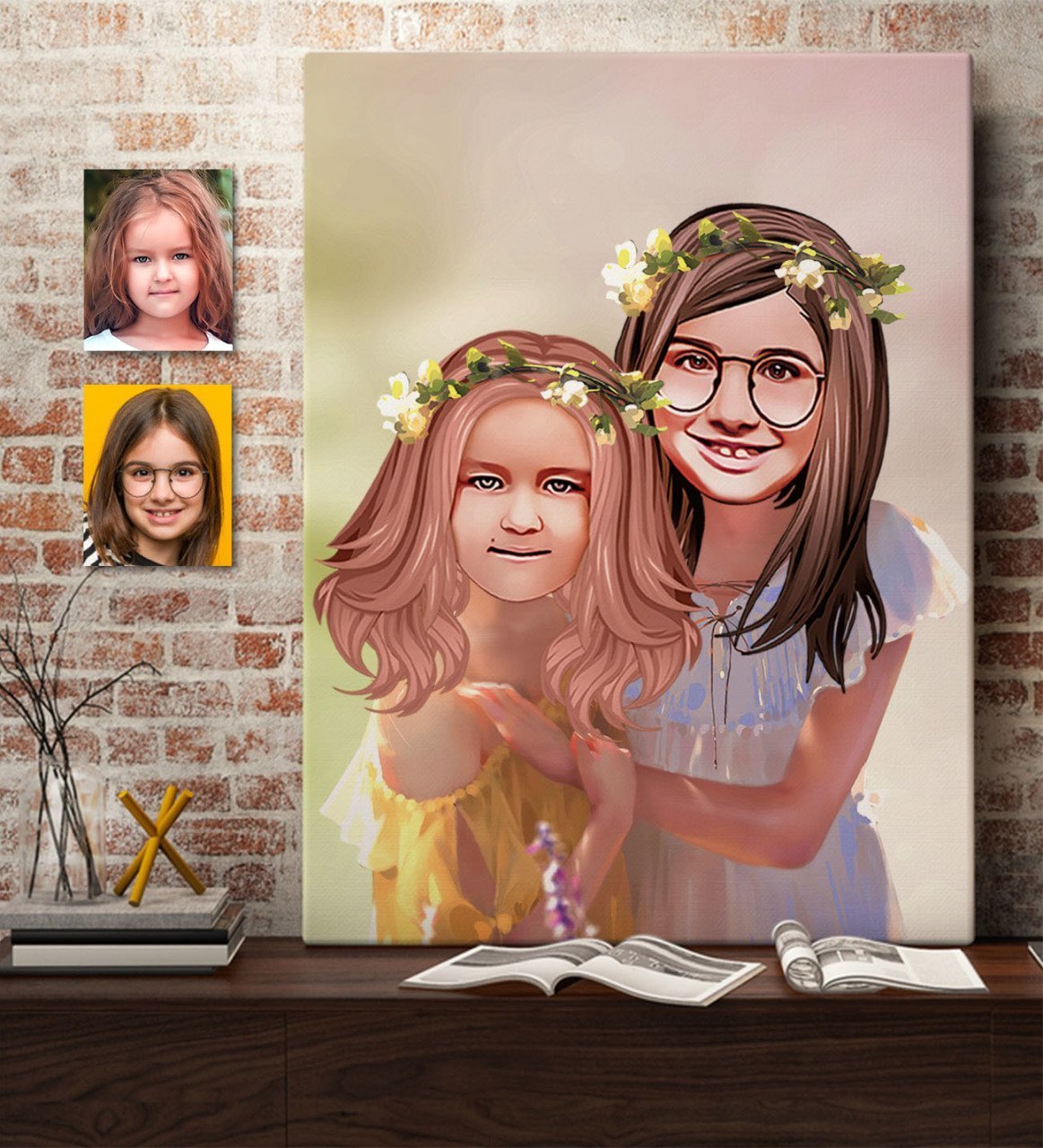 Kişiye Özel Kız Kardeşler Karikatürlü Kanvas Tablo 50x70cm-2