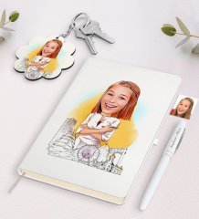 Kişiye Özel Kadın Mimar Karikatürlü Beyaz Defter Kalem ve Anahtarlık Hediye Seti