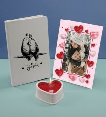 BK Gift Sevgililere Özel Beyaz Defter Dekoratif Çerçeve ve Kalp Taş Obje Kokulu Mum Hediye Seti-4, Sevgiliye Hediye, Sevgililer Günü