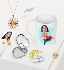 Kişiye Özel Ev Hanımı Anne Karikatürlü Kupa Kalp Ayna Papatya Kolye Bileklik Seti-2