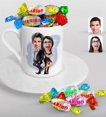 Kişiye Özel Sevgililer Karikatürlü Türk Kahvesi Fincanı ve Haribo Şeker Hediye Seti-6