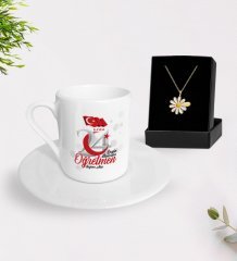 Kişiye Özel Bugün Günlerden Öğretmen Türk Kahvesi Fincanı ve İsimli Papatya Kolye Hediye Seti-2