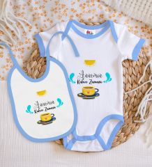 BK Kids Annemin Kahve Zamanı Tasarımlı Mavi Bebek Body Zıbın ve Mama Önlüğü Hediye Seti-1