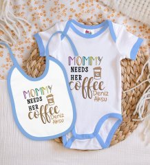 BK Kids Kişiye Özel Mommy Needs Her Coffe Tasarımlı Mavi Bebek Body Zıbın ve Mama Önlüğü Hediye Seti