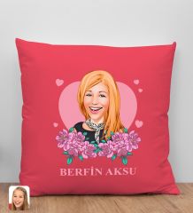 BK Gift Kişiye Özel Karikatürlü Anneler Günü Tasarımlı Kırmızı Kırlent Yastık, Anneye Hediye, Ev Dekorasyonu, Anneler Günü Hediyesi-2