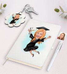 Kişiye Özel Kadın Mezun Karikatürlü Beyaz Defter Kalem ve Anahtarlık Hediye Seti