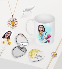 Kişiye Özel Ev Hanımı Anne Karikatürlü Kupa Kalp Ayna Papatya Kolye Bileklik Seti-1