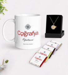 Kişiye Özel Coğrafya Öğretmeni Beyaz Kupa Çikolata ve İsimli Papatya Kolye Hediye Seti-1