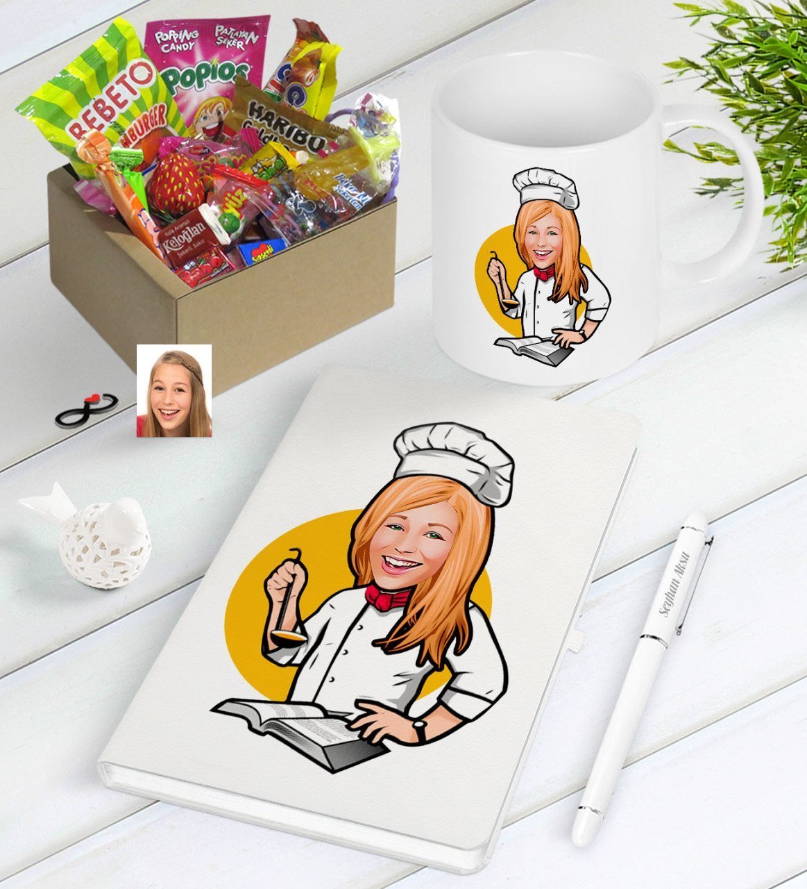 Kişiye Özel Bayan Chef Karikatürlü Nostaljik Lezzetler Defter Kalem Kupa Hediye Seti-12