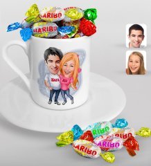 Kişiye Özel Sevgililer Karikatürlü Türk Kahvesi Fincanı ve Haribo Şeker Hediye Seti-5