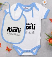 BK Kids Dikkat Rizeli Tasarımlı Mavi Bebek Body Zıbın ve Mama Önlüğü Hediye Seti-1