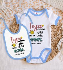 BK Kids Kişiye Özel Teyze Anne Gibi Tasarımlı Mavi Bebek Body Zıbın ve Mama Önlüğü Hediye Seti