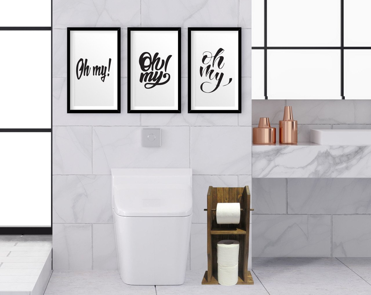 BK Home Doğal Masif Ahşap Tuvalet Kağıtlığı ve Dekoratif 3’lü Ahşap Siyah Çerçeveli Tablo-5