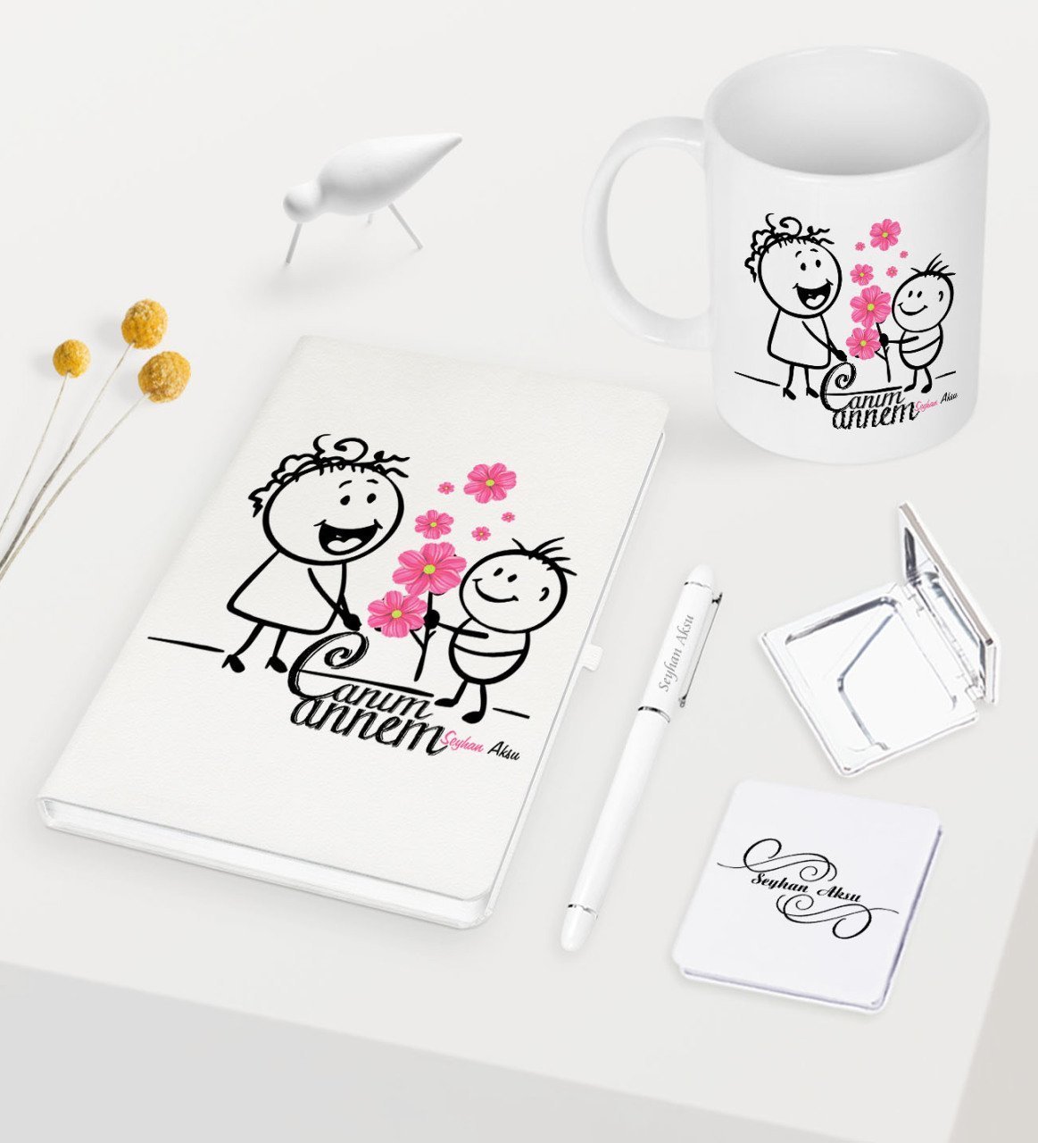Kişiye Özel Canım Annem Beyaz Defter Kalem Kupa Ayna Seti - 17