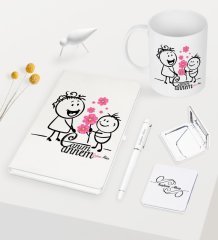 Kişiye Özel Canım Annem Beyaz Defter Kalem Kupa Ayna Seti - 17