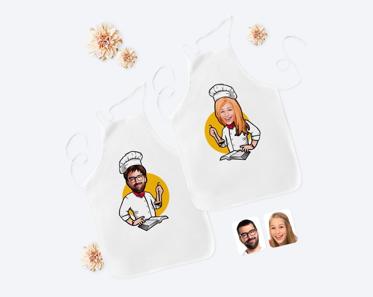 Kişiye Özel İkili Erkek ve Kadın Chef Karikatürlü Beyaz Mutfak Önlüğü Seti-12
