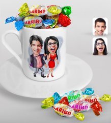 Kişiye Özel Sevgililer Karikatürlü Türk Kahvesi Fincanı ve Haribo Şeker Hediye Seti-4
