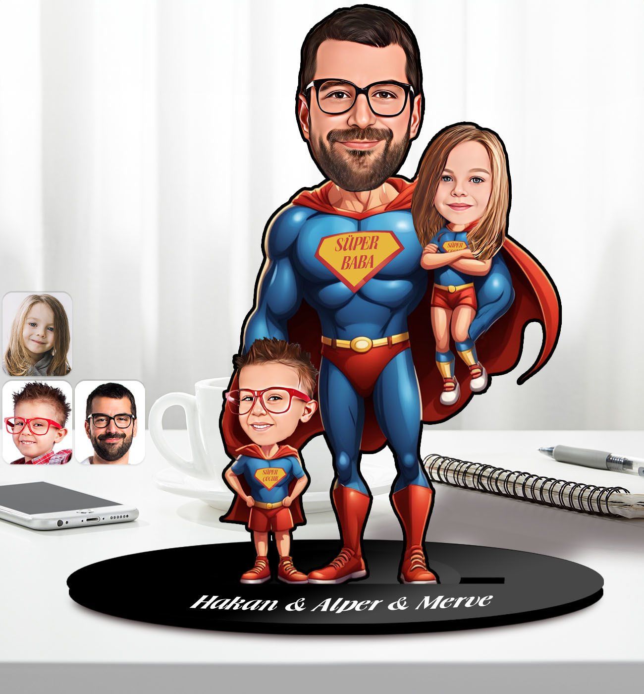 BK Gift Kişiye Özel Süper Baba-Çocuk Karikatürlü Ahşap Biblo-2, Babalar Günü Hediyesi, Babaya Hediye
