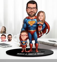 BK Gift Kişiye Özel Süper Baba-Çocuk Karikatürlü Ahşap Biblo-2, Babalar Günü Hediyesi, Babaya Hediye