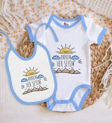 BK Kids Annem Her Şeyim Tasarımlı Mavi Bebek Body Zıbın ve Mama Önlüğü Hediye Seti-1