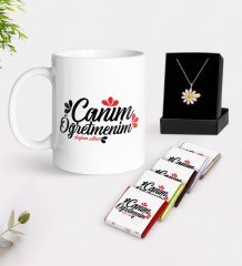 Kişiye Özel Canım Öğretmenim Beyaz Kupa Çikolata ve İsimli Papatya Kolye Hediye Seti-11